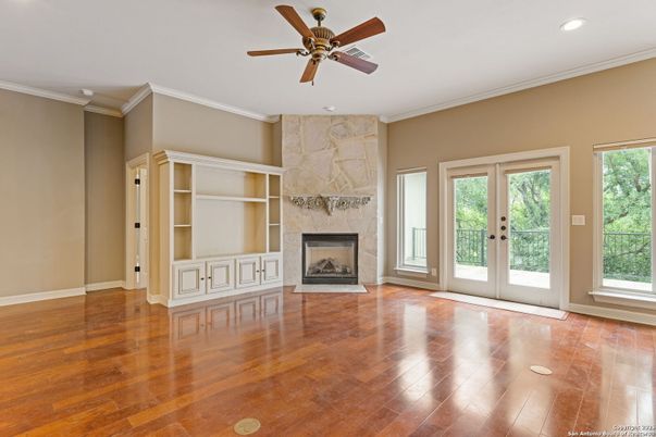 Empty room, Fireplace, Interior, Recessed Lighting, Wood Texture Flooring