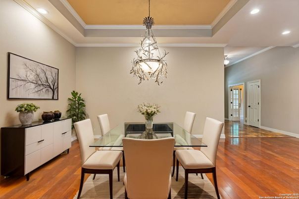 Dining room, Interior, Pendant Lights, Recessed Lighting, Wood Texture Flooring