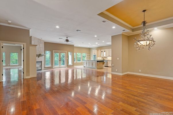 Chandelier, Empty room, Interior, Kitchen, Pendant Lights, Recessed Lighting, Wood Texture Flooring