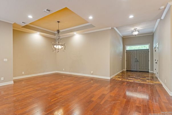 Chandelier, Empty room, Interior, Recessed Lighting, Wood Texture Flooring