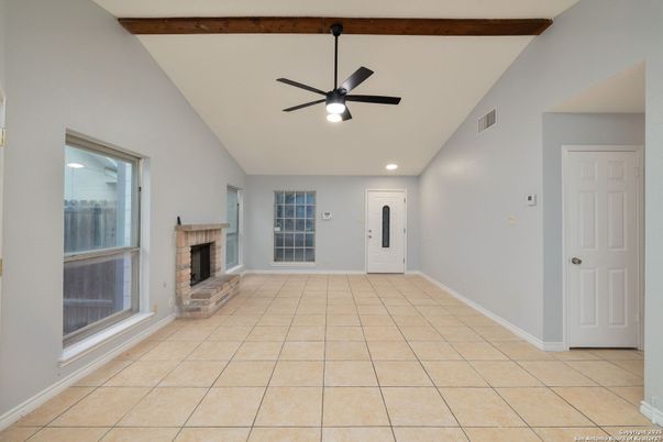 Empty room, Fireplace, Interior, Recessed Lighting, Wooden Beams
