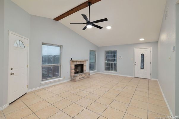 Empty room, Fireplace, Interior, Recessed Lighting, Wooden Beams