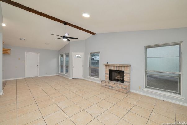 Empty room, Fireplace, Interior, Recessed Lighting, Wooden Beams