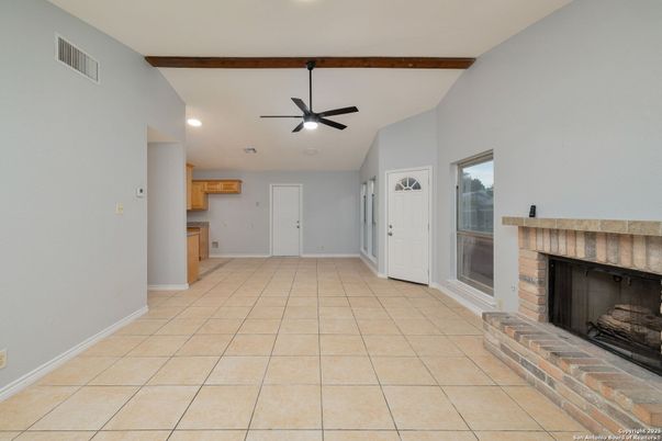 Empty room, Fireplace, Interior, Recessed Lighting, Wooden Beams