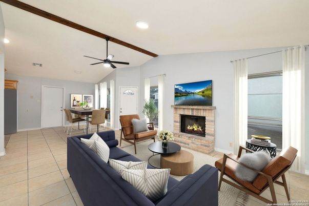Dining room, Fireplace, Interior, Living room, Recessed Lighting, Wooden Beams