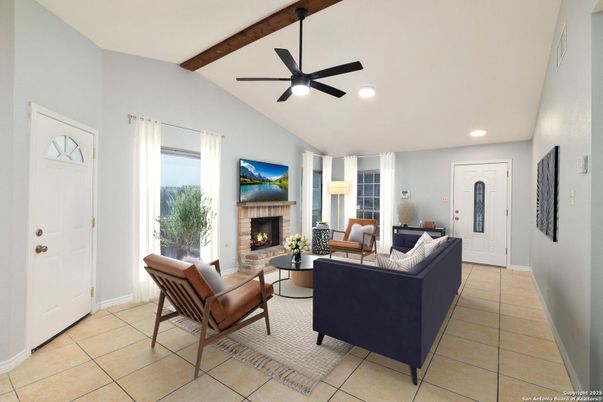Fireplace, Interior, Living room, Recessed Lighting, Wooden Beams