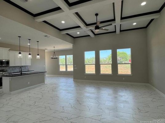 Empty room, Interior, Kitchen, Marble, Pendant Lights, Recessed Lighting