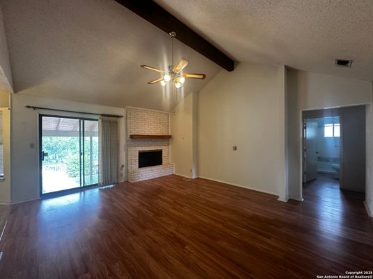 Empty room, Fireplace, Interior, Stone Walls, Wooden Beams, Wood Texture Flooring