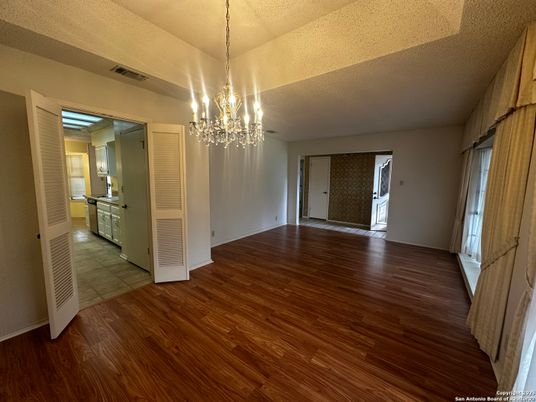 Chandelier, Empty room, Interior, Kitchen, Wood Texture Flooring