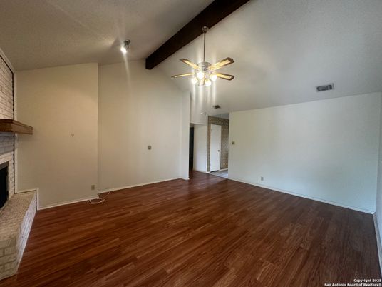 Empty room, Fireplace, Interior, Wooden Beams, Wood Texture Flooring