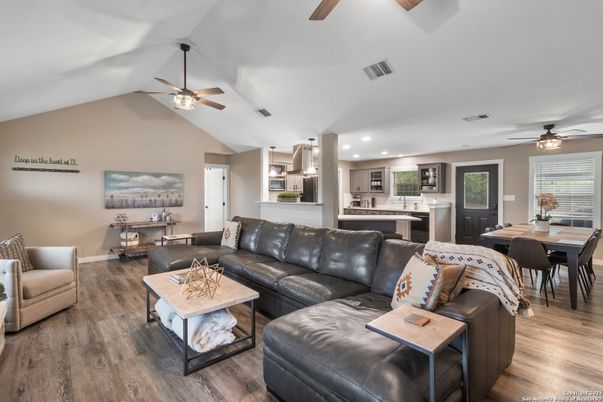 Dining room, Interior, Kitchen, Living room, Recessed Lighting, Wood Texture Flooring