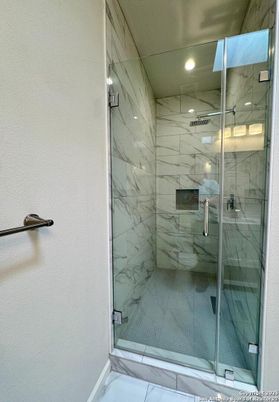 Bathroom, Glass Shower, Interior, Marble Walls, Recessed Lighting