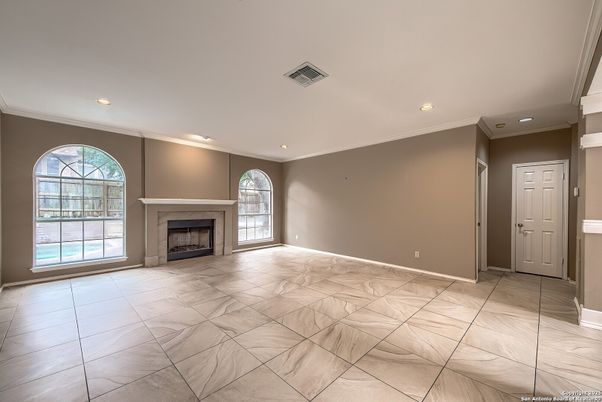 Empty room, Fireplace, Interior, Marble, Recessed Lighting