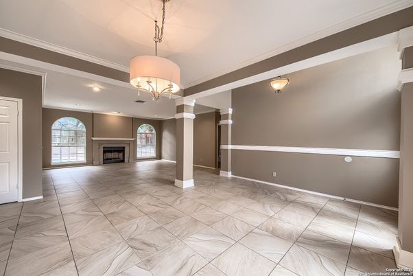 Chandelier, Empty room, Fireplace, Interior, Marble, Recessed Lighting