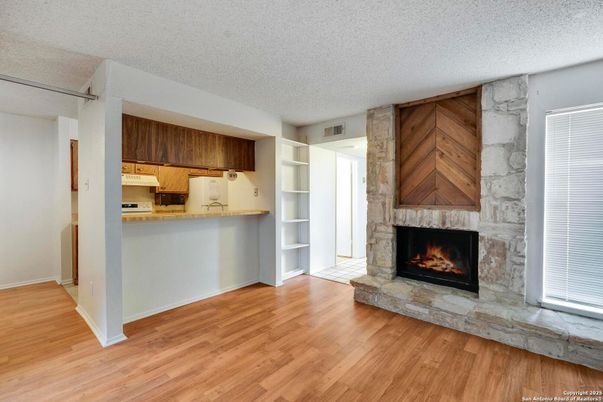 Fireplace, Interior, Kitchen, Wood Texture Flooring
