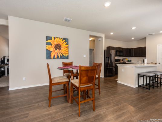Dining room, Interior, Kitchen, Recessed Lighting, Stainless Steel Appliances, Wood Texture Flooring