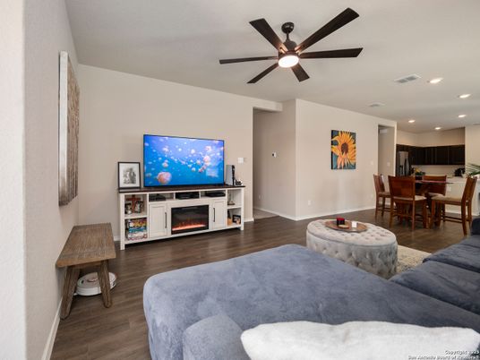 Dining room, Fireplace, Interior, Recessed Lighting, Wood Texture Flooring