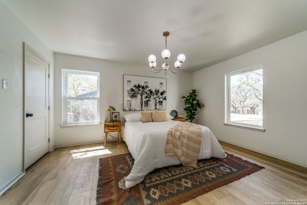 Bedroom, Chandelier, Interior, Wood Texture Flooring