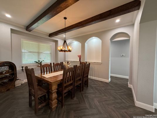 Chandelier, Dining room, Interior, Recessed Lighting, Wooden Beams, Wood Texture Flooring