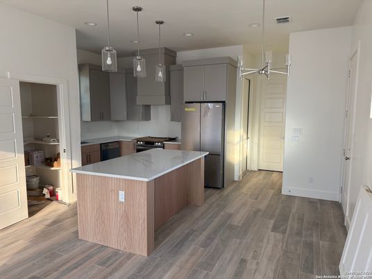 Interior, Kitchen, Pendant Lights, Recessed Lighting, Wood Texture Flooring