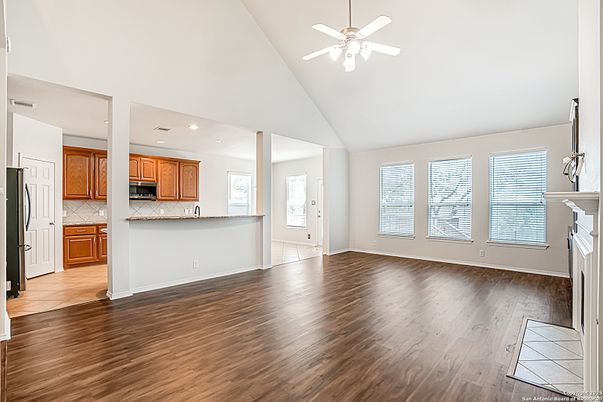 Empty room, Interior, Kitchen, Recessed Lighting, Wood Texture Flooring