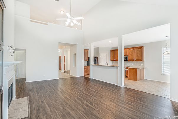 Fireplace, Interior, Kitchen, Pendant Lights, Recessed Lighting, Wood Texture Flooring