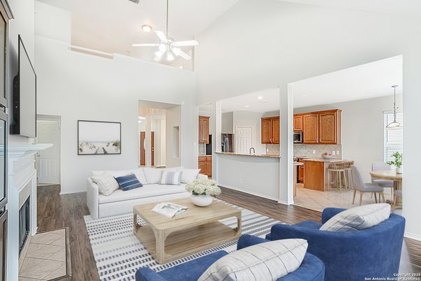 Dining room, Fireplace, Interior, Kitchen, Living room, Pendant Lights, Recessed Lighting, Wood Texture Flooring