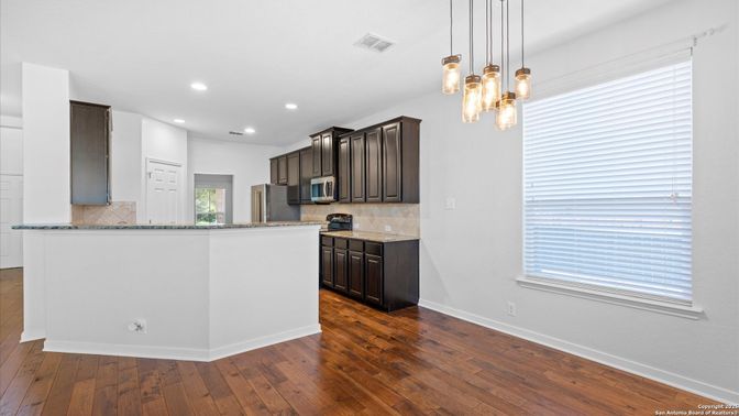 Interior, Kitchen, Pendant Lights, Recessed Lighting, Stainless Steel Appliances, Wood Texture Flooring