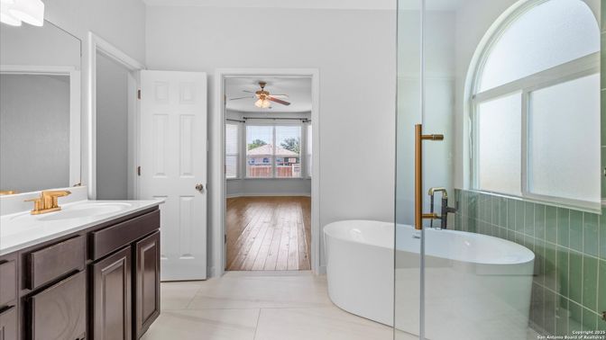 Bathroom, Dual Sink Vanities, Free Standing Baths, Interior, Wood Texture Flooring