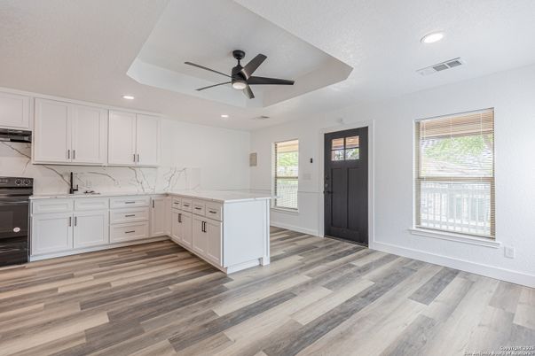 Interior, Kitchen, Marble Walls, Recessed Lighting, Wood Texture Flooring