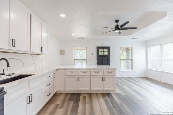 Interior, Kitchen, Marble Walls, Recessed Lighting, Wood Texture Flooring