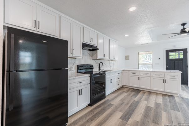 Interior, Kitchen, Marble Walls, Recessed Lighting, Wood Texture Flooring