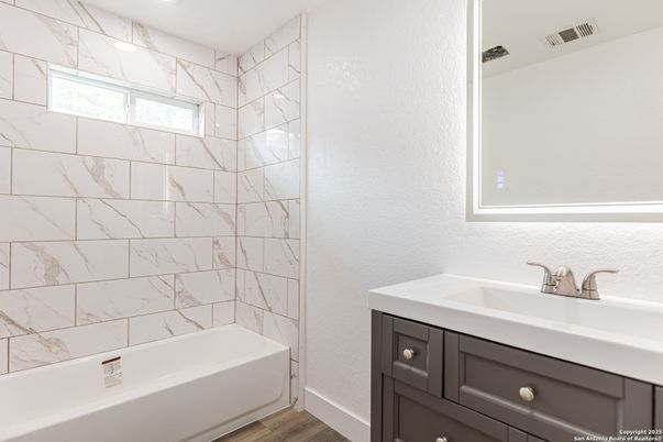 Bathroom, Interior, Marble Walls, Wood Texture Flooring