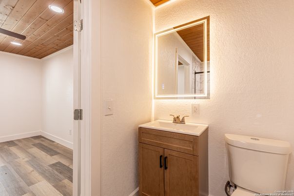 Bathroom, Interior, Recessed Lighting, Wooden Ceilings, Wood Texture Flooring