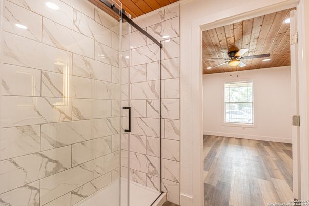 Bathroom, Interior, Marble Walls, Recessed Lighting, Wooden Ceilings, Wood Texture Flooring
