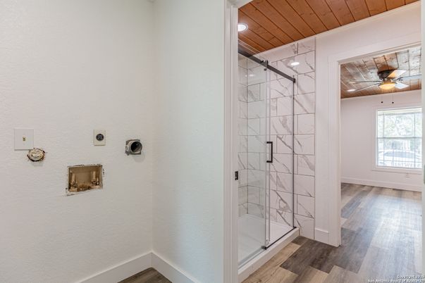 Bathroom, Glass Shower, Interior, Recessed Lighting, Wooden Ceilings, Wood Texture Flooring