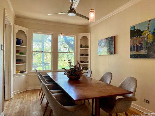 Dining room, Interior, Pendant Lights, Wood Texture Flooring