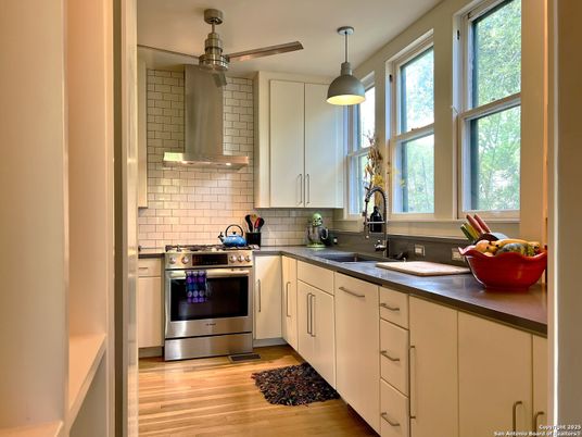 Interior, Kitchen, Pendant Lights, Stainless Steel Appliances, Wood Texture Flooring