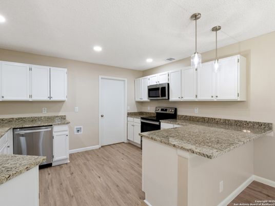Interior, Kitchen, Pendant Lights, Recessed Lighting, Stainless Steel Appliances, Wood Texture Flooring