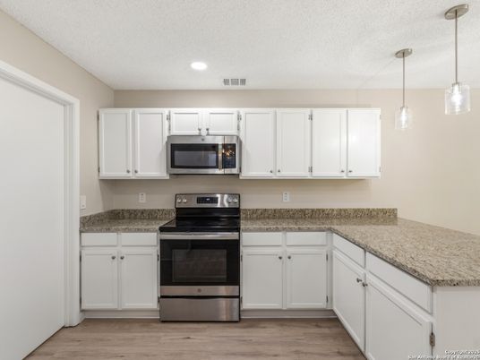 Interior, Kitchen, Pendant Lights, Recessed Lighting, Stainless Steel Appliances, Wood Texture Flooring