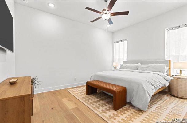 Bedroom, Interior, Recessed Lighting, Wood Texture Flooring
