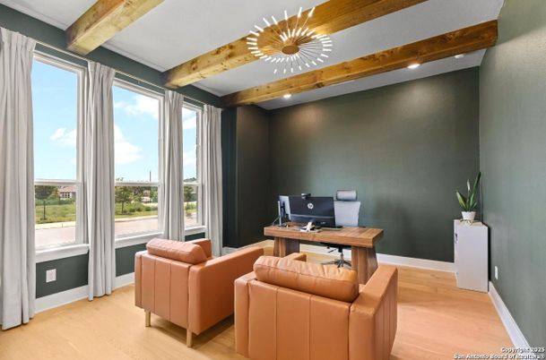 Home Office, Interior, Recessed Lighting, Wooden Beams, Wood Texture Flooring