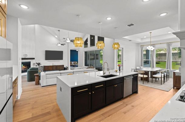Dining room, Fireplace, Interior, Kitchen, Living room, Pendant Lights, Recessed Lighting, Wood Texture Flooring