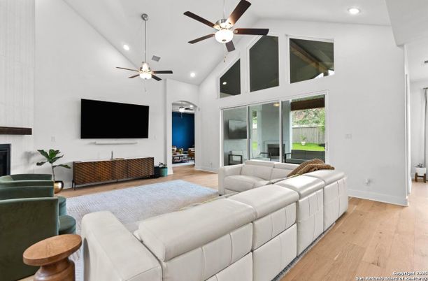 Fireplace, Interior, Living room, Recessed Lighting, Wood Texture Flooring