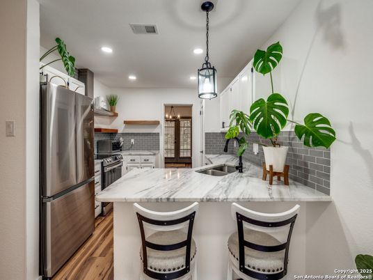 Interior, Kitchen, Pendant Lights, Recessed Lighting, Stainless Steel Appliances, Wood Texture Flooring