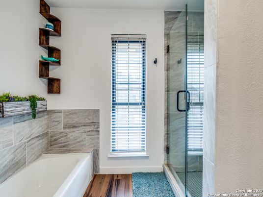 Bathroom, Glass Shower, Interior, Wood Texture Flooring