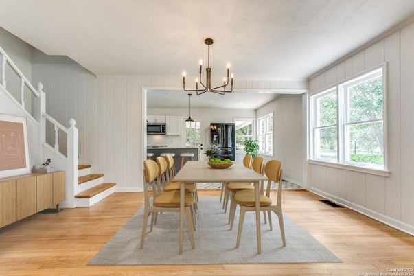 Chandelier, Dining room, Interior, Pendant Lights, Wood Texture Flooring