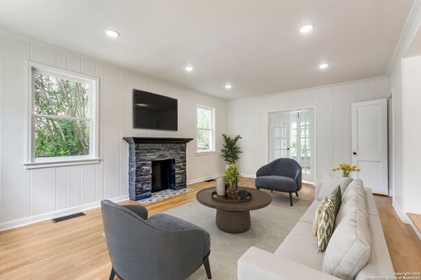 Fireplace, Interior, Living room, Recessed Lighting, Wood Texture Flooring