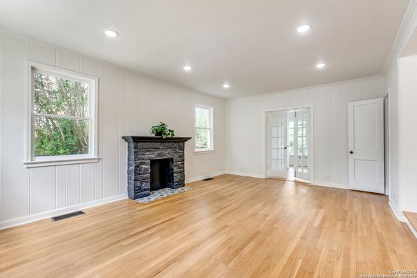 Empty room, Fireplace, Interior, Recessed Lighting, Wood Texture Flooring