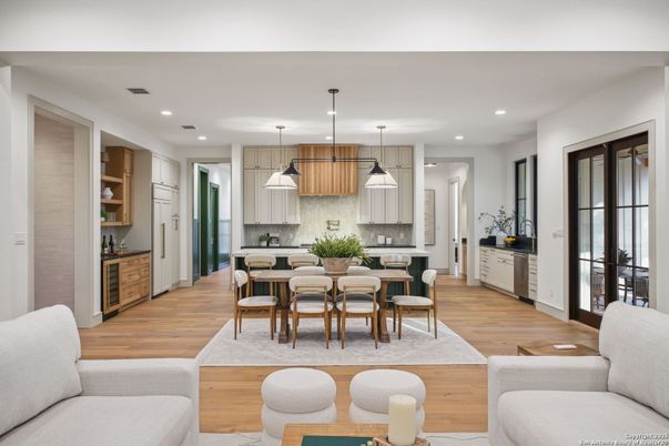 Dining room, Interior, Kitchen, Pendant Lights, Recessed Lighting, Wood Texture Flooring